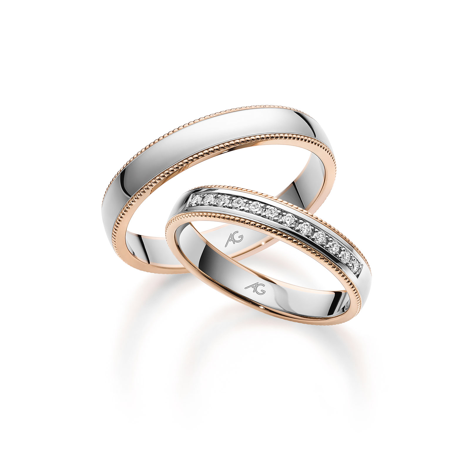 Zweifarbige Millgriff Eheringe Rotgold Weissgold