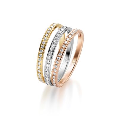 Drei rundum gefasste Memoire-Ringe aus Gelbgold, Weissgold und RosÃ©gold